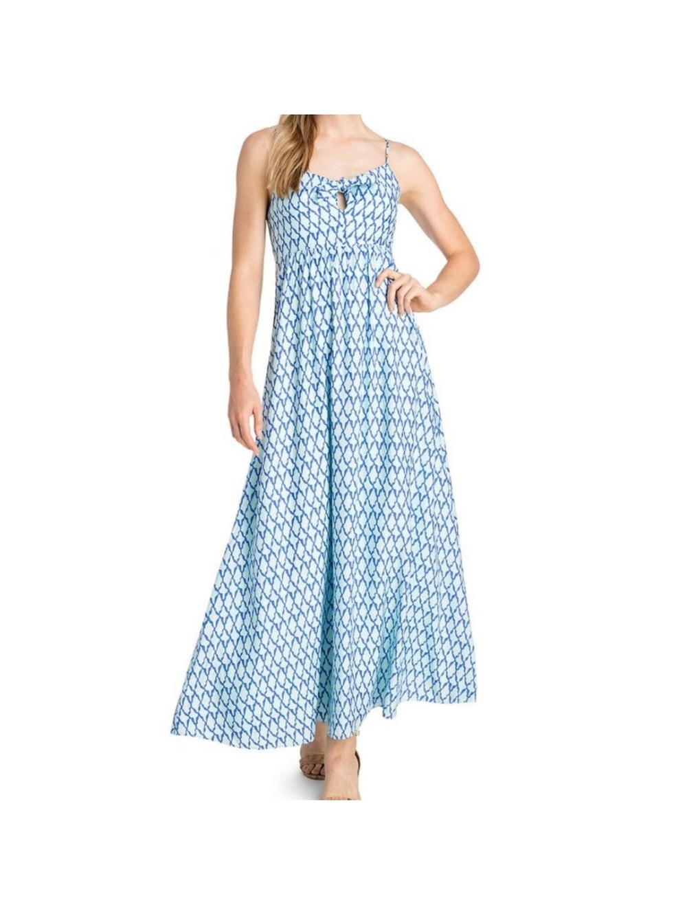 Vineyard Vines Silk Blend Smocked Maxi Dress Mint Blue Geometric Print 00 Preppy